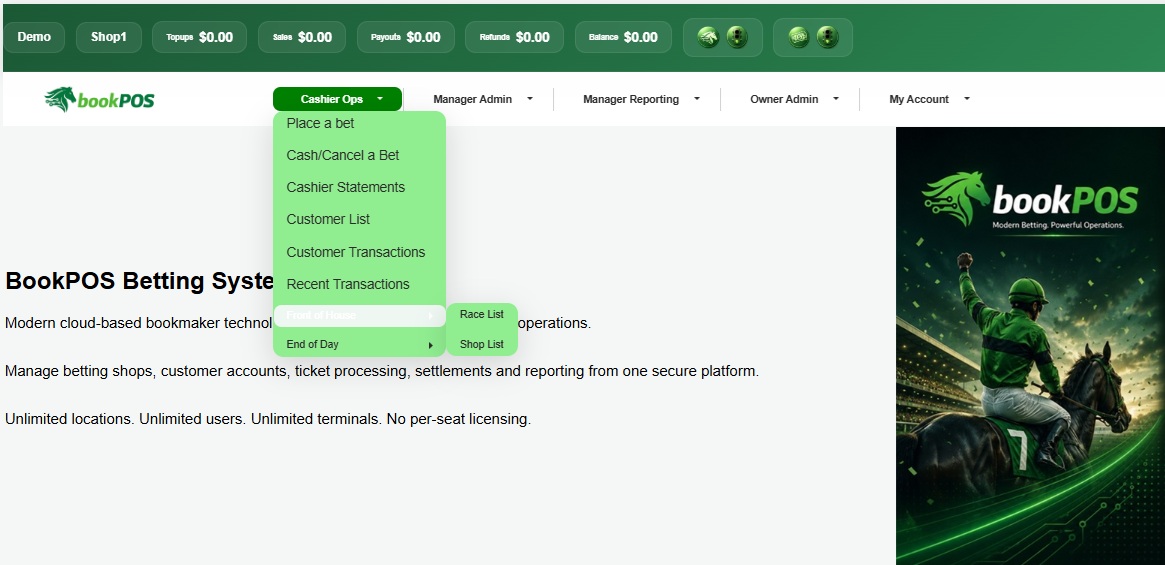 Horse racing POS software betting terminal screen